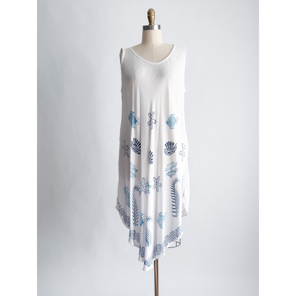 Ashley Taylor Nautical Fish Print Handkerchief Hem Dress 3X White Boho Coastal